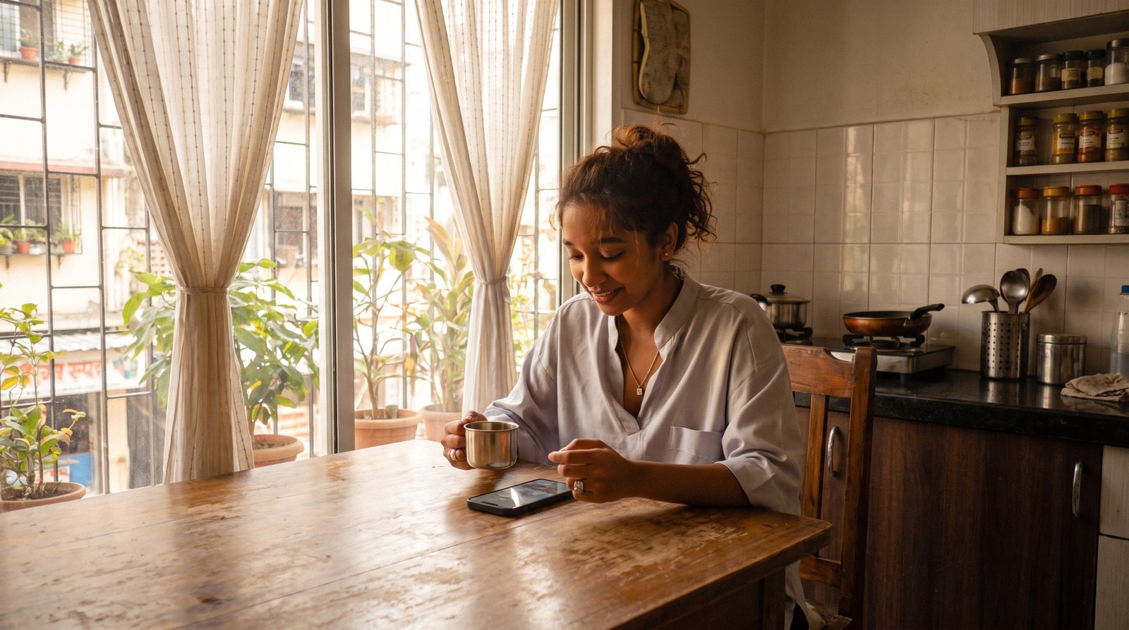 A woman reading a long message on her phone over morning chai at a kitchen table in Mumbai