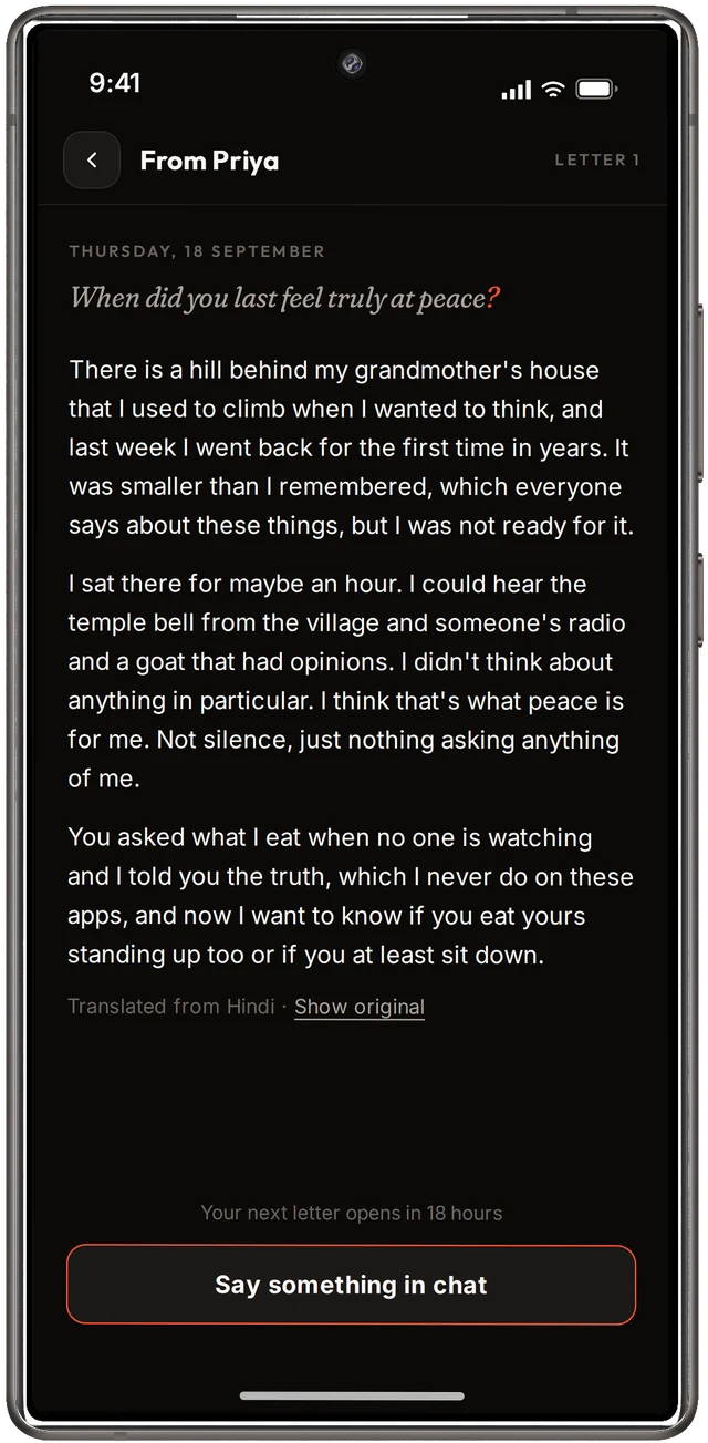 A letter from Priya, opened and translated from Hindi, in the Ember app