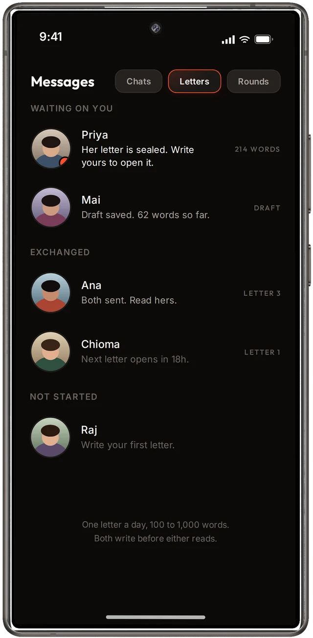 The Ember messages screen with Chats, Letters and Rounds