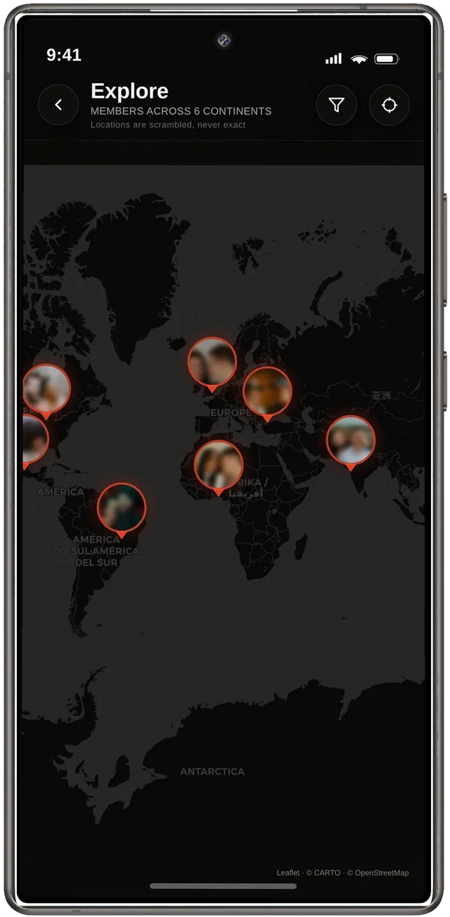 Ember's Explore map with member pins across the world