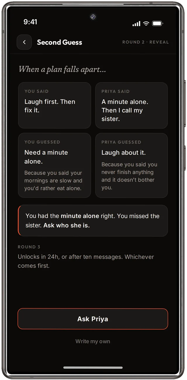 The Second Guess reveal screen in the Ember app